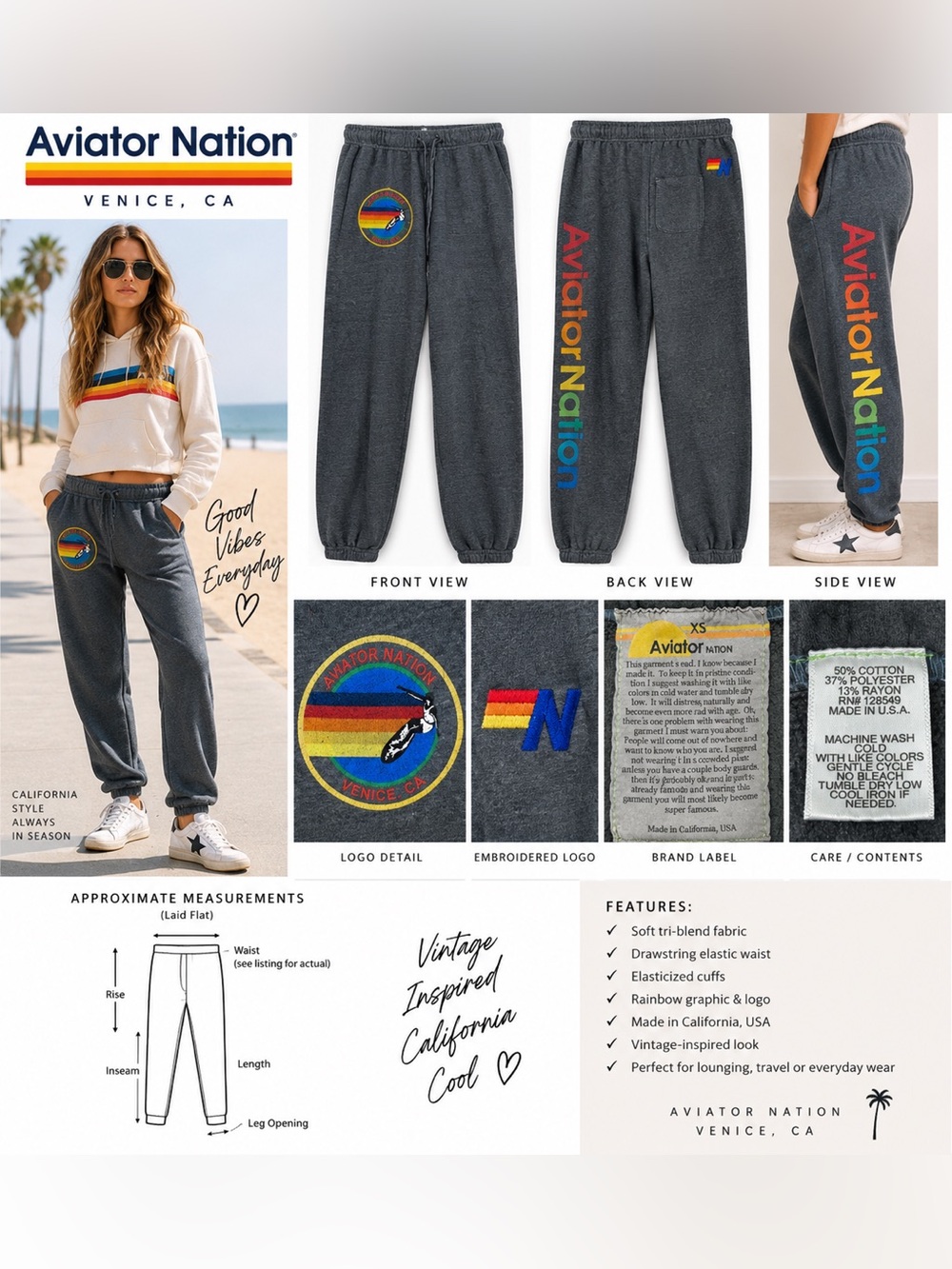 Aviator Nation Venice CA Rainbow Logo Sweatpants Joggers Gray Women’s XS US